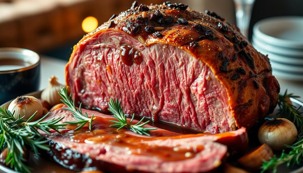 A bountiful roast beef dish, centered on a succulent, juicy prime rib, golden-brown and glistening under the warm glow of a softly diffused, natural-looking light. The meat is sliced to reveal a perfectly pink, medium-rare interior, surrounded by a delectable, crisp crust. Garnished with fresh rosemary sprigs, roasted garlic cloves, and a drizzle of rich, savory au jus, the scene evokes the comforting aroma and inviting presentation of an exquisite, homemade roast beef recipe. The image is captured from a slightly elevated angle, showcasing the dish's impressive size and inviting the viewer to envision themselves enjoying this mouthwatering culinary masterpiece. A bountiful roast beef dish, centered on a succulent, juicy prime rib, golden-brown and glistening under the warm glow of a softly diffused, natural-looking light. The meat is sliced to reveal a perfectly pink, medium-rare interior, surrounded by a delectable, crisp crust. Garnished with fresh rosemary sprigs, roasted garlic cloves, and a drizzle of rich, savory au jus, the scene evokes the comforting aroma and inviting presentation of an exquisite, homemade roast beef recipe. The image is captured from a slightly elevated angle, showcasing the dish's impressive size and inviting the viewer to envision themselves enjoying this mouthwatering culinary masterpiece.