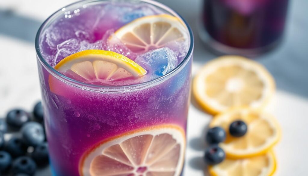 A chilled glass filled with a vibrant blue-purple slush, accented by tart lemon wedges floating on the surface. The icy drink is beaded with condensation, reflecting the soft natural light that bathes the scene. In the background, a few fresh blueberries and lemon slices are arranged artfully, hinting at the refreshing flavors within. The overall composition evokes a sense of a warm summer day, with the slushie promising a cool, revitalizing respite. The lighting is soft and natural, creating a luminous, appetizing atmosphere. A chilled glass filled with a vibrant blue-purple slush, accented by tart lemon wedges floating on the surface. The icy drink is beaded with condensation, reflecting the soft natural light that bathes the scene. In the background, a few fresh blueberries and lemon slices are arranged artfully, hinting at the refreshing flavors within. The overall composition evokes a sense of a warm summer day, with the slushie promising a cool, revitalizing respite. The lighting is soft and natural, creating a luminous, appetizing atmosphere.