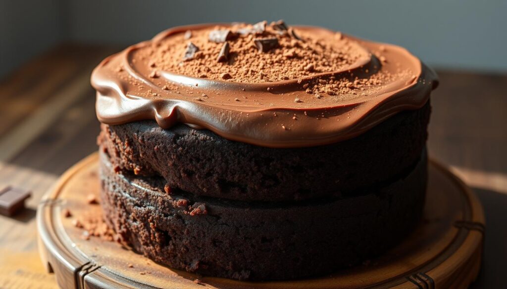 A classic chocolate cake with a rich, moist crumb and a decadent chocolate frosting. The cake is freshly baked, with a warm, inviting aroma, sitting on a rustic wooden table. The frosting is glossy and smooth, topped with delicate cocoa powder and perhaps a scattering of shaved chocolate. The lighting is soft and natural, casting gentle shadows and highlights on the cake, creating a cozy, home-baked atmosphere. The image is shot from a slightly elevated angle, capturing the texture and layers of the cake in full detail. A classic chocolate cake with a rich, moist crumb and a decadent chocolate frosting. The cake is freshly baked, with a warm, inviting aroma, sitting on a rustic wooden table. The frosting is glossy and smooth, topped with delicate cocoa powder and perhaps a scattering of shaved chocolate. The lighting is soft and natural, casting gentle shadows and highlights on the cake, creating a cozy, home-baked atmosphere. The image is shot from a slightly elevated angle, capturing the texture and layers of the cake in full detail.