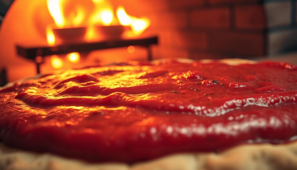 A close-up, high-resolution photograph of a gourmet pizza sauce base, with a smooth, velvety texture and a deep, rich burgundy color. The sauce is glistening in the warm, indirect lighting, highlighting its glossy, almost creamy consistency. In the background, a wood-fired oven with a warm, amber glow sets the scene, hinting at the delicious flavors to come. The composition is tightly framed, drawing the viewer's attention to the intricate details of the sauce, including subtle hints of herbs and aromatic spices that promise a mouthwatering, homemade pizza experience. A close-up, high-resolution photograph of a gourmet pizza sauce base, with a smooth, velvety texture and a deep, rich burgundy color. The sauce is glistening in the warm, indirect lighting, highlighting its glossy, almost creamy consistency. In the background, a wood-fired oven with a warm, amber glow sets the scene, hinting at the delicious flavors to come. The composition is tightly framed, drawing the viewer's attention to the intricate details of the sauce, including subtle hints of herbs and aromatic spices that promise a mouthwatering, homemade pizza experience.