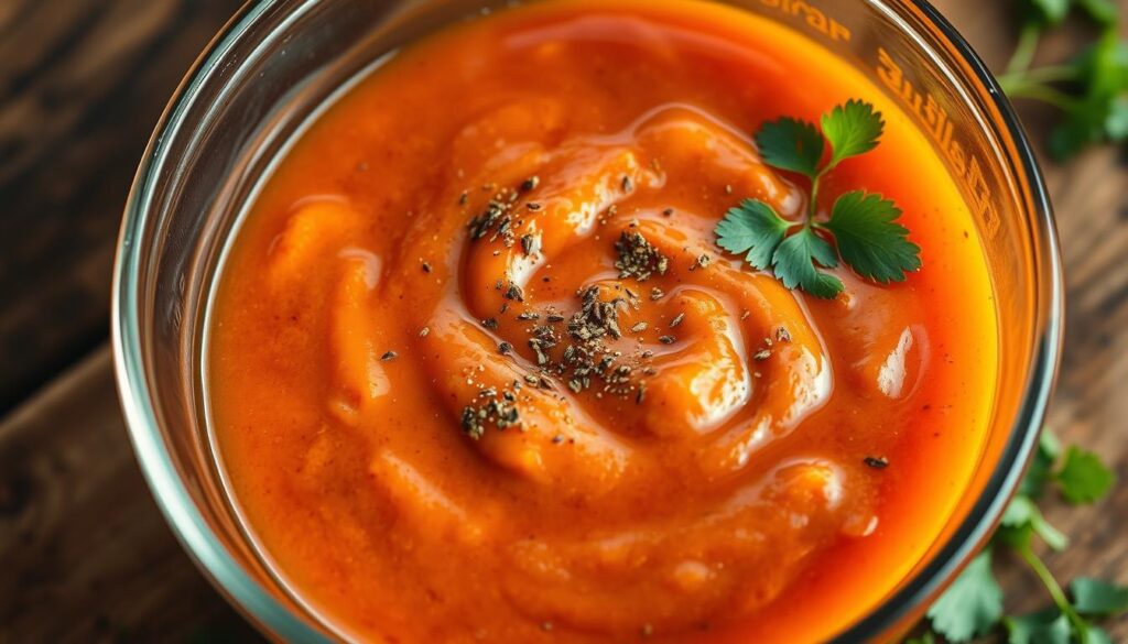 A close-up photograph of a large glass bowl filled with a vibrant orange-red marinade, composed of smooth, creamy chipotle puree, aromatic garlic, tangy lime juice, earthy cumin, and fragrant oregano. The marinade glistens under warm, soft lighting, casting a rich, appetizing glow. The bowl is placed on a rustic wooden surface, with a few sprigs of fresh cilantro scattered around, hinting at the flavorful blend. The image conveys the enticing aroma and the promise of juicy, tender chipotle-infused chicken. A close-up photograph of a large glass bowl filled with a vibrant orange-red marinade, composed of smooth, creamy chipotle puree, aromatic garlic, tangy lime juice, earthy cumin, and fragrant oregano. The marinade glistens under warm, soft lighting, casting a rich, appetizing glow. The bowl is placed on a rustic wooden surface, with a few sprigs of fresh cilantro scattered around, hinting at the flavorful blend. The image conveys the enticing aroma and the promise of juicy, tender chipotle-infused chicken.