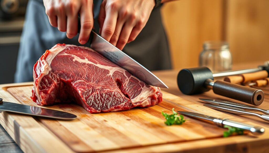 A close-up shot of a chef's hands expertly trimming and slicing a large beef chuck steak on a wooden cutting board. The steak is displayed in the foreground, showcasing the intricate marbling and texture of the meat. In the middle ground, various kitchen tools like a sharp chef's knife, a tenderizing mallet, and a set of skewers are neatly arranged, conveying the preparation process. The background is blurred, creating a soft, warm lighting that enhances the rustic, culinary atmosphere. The image exudes a sense of skill, precision, and the artistry involved in properly preparing beef chuck steak for delicious, tender, and flavorful cooking. A close-up shot of a chef's hands expertly trimming and slicing a large beef chuck steak on a wooden cutting board. The steak is displayed in the foreground, showcasing the intricate marbling and texture of the meat. In the middle ground, various kitchen tools like a sharp chef's knife, a tenderizing mallet, and a set of skewers are neatly arranged, conveying the preparation process. The background is blurred, creating a soft, warm lighting that enhances the rustic, culinary atmosphere. The image exudes a sense of skill, precision, and the artistry involved in properly preparing beef chuck steak for delicious, tender, and flavorful cooking.