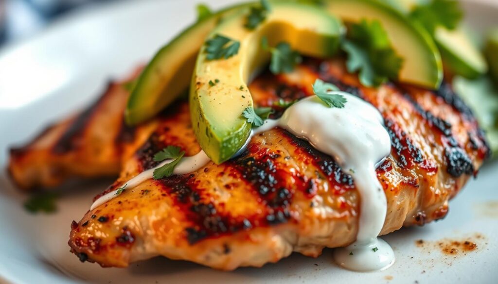 A close-up shot of a perfectly grilled chipotle chicken breast, its crispy charred edges contrasting with the juicy, tender interior. The chicken is garnished with vibrant slices of avocado, fresh cilantro, and a drizzle of tangy lime crema. The lighting is soft and warm, highlighting the rich colors and textures of the dish. The background is blurred, allowing the chicken to take center stage. The overall mood is one of healthy, flavorful indulgence, inviting the viewer to imagine the satisfying taste and aroma of this homemade chipotle chicken variation. A close-up shot of a perfectly grilled chipotle chicken breast, its crispy charred edges contrasting with the juicy, tender interior. The chicken is garnished with vibrant slices of avocado, fresh cilantro, and a drizzle of tangy lime crema. The lighting is soft and warm, highlighting the rich colors and textures of the dish. The background is blurred, allowing the chicken to take center stage. The overall mood is one of healthy, flavorful indulgence, inviting the viewer to imagine the satisfying taste and aroma of this homemade chipotle chicken variation.