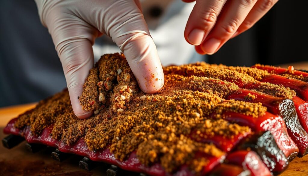 A close-up view of a chef's hands carefully rubbing a generous amount of a homemade dry seasoning blend onto the surface of a rack of juicy beef back ribs. The rub consists of a mixture of coarse sea salt, black pepper, smoked paprika, garlic powder, and brown sugar. The lighting is warm and natural, casting subtle shadows that accentuate the texture of the meat and the contours of the chef's fingers as they work the rub into every nook and cranny. The background is blurred, keeping the focus on the delicate application process. The overall mood is one of anticipation and culinary expertise, hinting at the mouthwatering results to come.