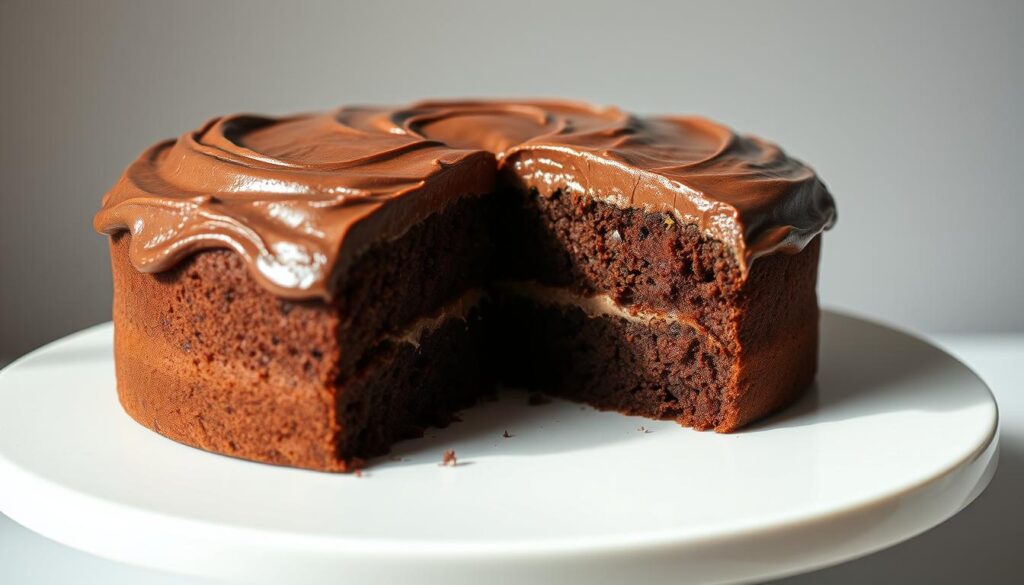 A decadent chocolate cake with a rich, velvety frosting glistening with a hint of shine. The cake's exterior is a deep, warm brown, with a perfectly even texture. Slices reveal a moist, fudgy interior, dotted with pockets of melted chocolate. The frosting, a creamy chocolate buttercream, is smoothly applied, creating an elegant, almost mirror-like finish. Soft, diffused lighting casts gentle shadows, accentuating the cake's voluptuous curves. The scene is set against a simple, neutral background, allowing the cake to take center stage and command attention, as if it were the crowned jewel of a bygone era of American baking. A decadent chocolate cake with a rich, velvety frosting glistening with a hint of shine. The cake's exterior is a deep, warm brown, with a perfectly even texture. Slices reveal a moist, fudgy interior, dotted with pockets of melted chocolate. The frosting, a creamy chocolate buttercream, is smoothly applied, creating an elegant, almost mirror-like finish. Soft, diffused lighting casts gentle shadows, accentuating the cake's voluptuous curves. The scene is set against a simple, neutral background, allowing the cake to take center stage and command attention, as if it were the crowned jewel of a bygone era of American baking.