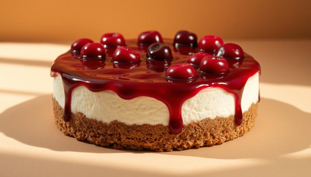 A delectable classic cherry cheesecake rests on a crisp graham cracker crust, its smooth, creamy texture contrasting with the vibrant red cherries that dot its surface. The cake is illuminated by soft, natural lighting, casting subtle shadows that accentuate its rich, velvety appearance. The background is a warm, neutral tone, allowing the cheesecake to take center stage, inviting the viewer to indulge in its indulgent, decadent flavor. Elegant and sophisticated, this image captures the essence of the "Delicious World of Cherry Cheesecake".