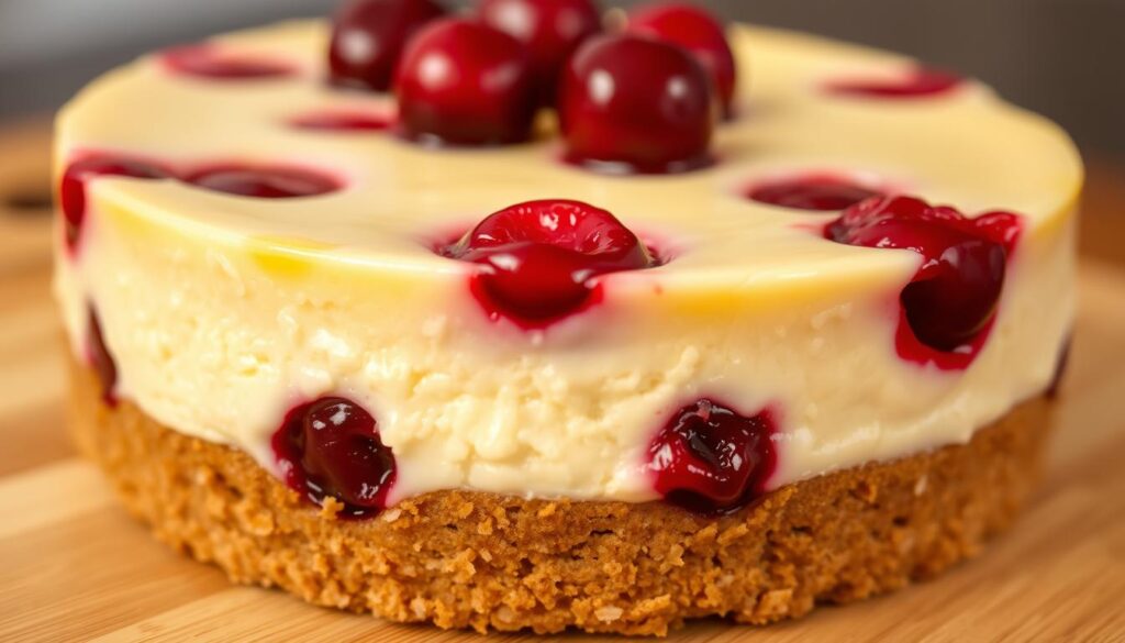 A delectable close-up of a freshly baked cherry cheesecake nestled on a golden graham cracker crust. The creamy, pale filling is dotted with vibrant red cherries, their juices glistening under soft, even lighting. The crust has a subtle crunch, contrasting with the silky smooth texture of the cheesecake. Captured from an angle that showcases the layered structure, with a shallow depth of field to draw the eye to the centerpiece. Warm, inviting tones evoke the comforting aroma of this classic dessert, ready to be savored.