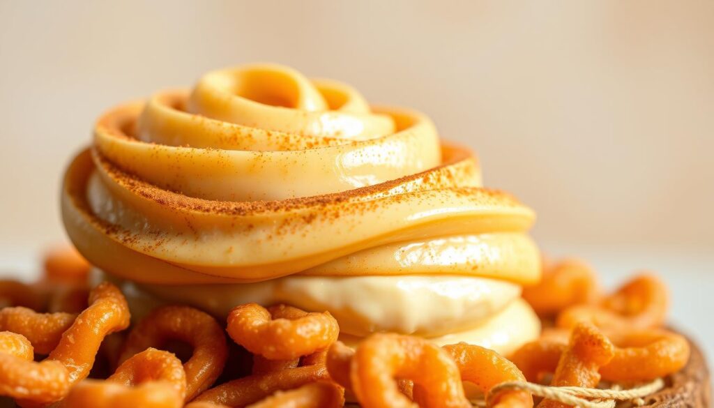 A delectable close-up of a glistening churro cheesecake topping, showcasing its intricate layers. In the foreground, a thick swirl of golden, cinnamon-dusted churro batter cascades over a decadent cream cheese filling, creating a mesmerizing textural contrast. The middle ground features a scattering of crunchy, caramelized churro chips, their crisp edges gleaming under warm, directional lighting. In the background, a soft, blurred backdrop of pale, creamy tones complements the vibrant hues of the topping, evoking a sense of indulgence and artisanal craftsmanship. The overall composition emphasizes the signature churro flavors and the irresistible fusion of textures that define this signature cheesecake topping. A delectable close-up of a glistening churro cheesecake topping, showcasing its intricate layers. In the foreground, a thick swirl of golden, cinnamon-dusted churro batter cascades over a decadent cream cheese filling, creating a mesmerizing textural contrast. The middle ground features a scattering of crunchy, caramelized churro chips, their crisp edges gleaming under warm, directional lighting. In the background, a soft, blurred backdrop of pale, creamy tones complements the vibrant hues of the topping, evoking a sense of indulgence and artisanal craftsmanship. The overall composition emphasizes the signature churro flavors and the irresistible fusion of textures that define this signature cheesecake topping.