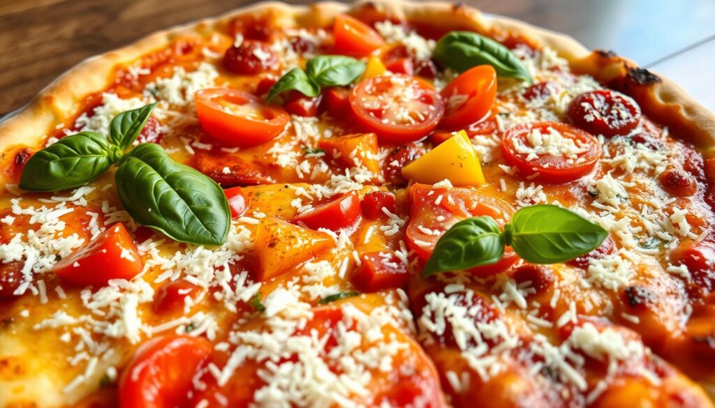 A delectable gourmet pizza, freshly baked with a crisp, golden-brown crust. The surface is adorned with an array of vibrant, fresh vegetables - juicy tomatoes, crunchy bell peppers, and aromatic basil leaves. Grated mozzarella cheese blankets the toppings, melted to a delightful stringy perfection under warm, natural lighting. The pizza is captured at a slight angle, highlighting the depth and texture of the crust and toppings. The overall scene exudes a sense of culinary artistry and mouthwatering appeal, inviting the viewer to savor each flavorful bite. A delectable gourmet pizza, freshly baked with a crisp, golden-brown crust. The surface is adorned with an array of vibrant, fresh vegetables - juicy tomatoes, crunchy bell peppers, and aromatic basil leaves. Grated mozzarella cheese blankets the toppings, melted to a delightful stringy perfection under warm, natural lighting. The pizza is captured at a slight angle, highlighting the depth and texture of the crust and toppings. The overall scene exudes a sense of culinary artistry and mouthwatering appeal, inviting the viewer to savor each flavorful bite.