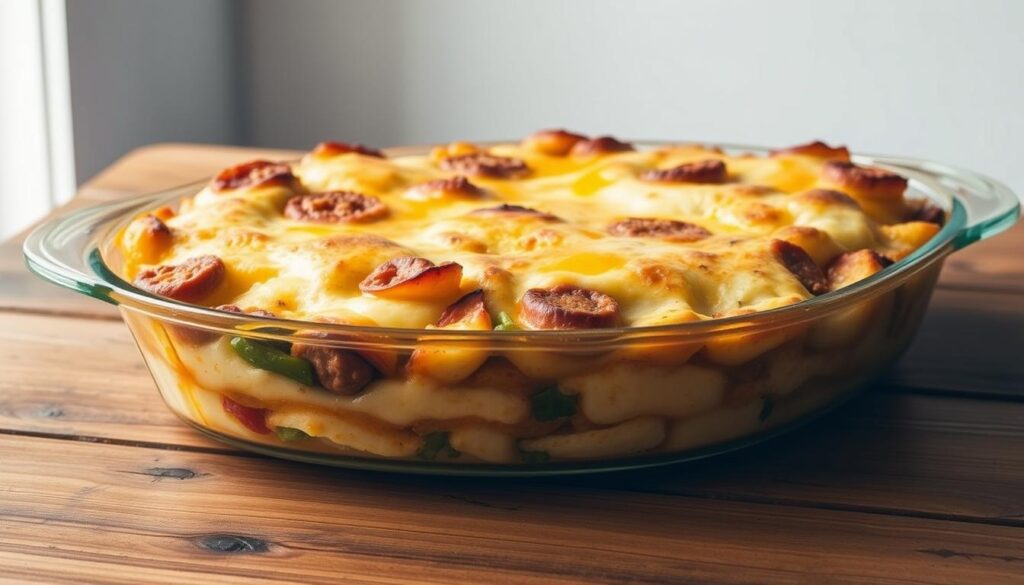 A delectable make-ahead breakfast casserole sits on a rustic wooden table, its golden-brown top glistening under soft, natural lighting. Layers of fluffy eggs, savory sausage, melted cheese, and aromatic vegetables create a mouthwatering composition. The casserole dish is positioned in the foreground, with a clean, minimalist background that allows the dish to take center stage. The scene conveys a cozy, inviting atmosphere, perfect for a relaxing morning meal. The image captures the essence of a hearty, hassle-free breakfast that can be prepared in advance, reflecting the section title "Make-Ahead Breakfast Casserole Tips." A delectable make-ahead breakfast casserole sits on a rustic wooden table, its golden-brown top glistening under soft, natural lighting. Layers of fluffy eggs, savory sausage, melted cheese, and aromatic vegetables create a mouthwatering composition. The casserole dish is positioned in the foreground, with a clean, minimalist background that allows the dish to take center stage. The scene conveys a cozy, inviting atmosphere, perfect for a relaxing morning meal. The image captures the essence of a hearty, hassle-free breakfast that can be prepared in advance, reflecting the section title "Make-Ahead Breakfast Casserole Tips."