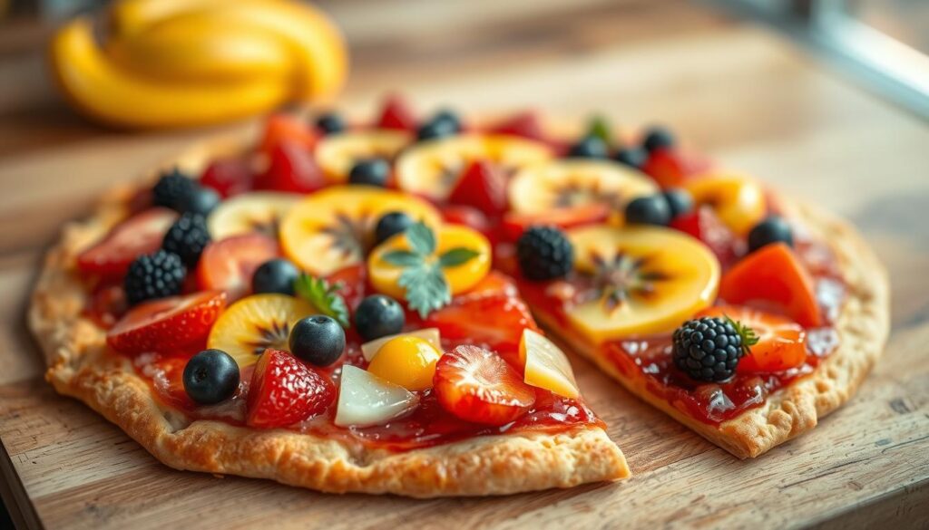 A delicious fruit pizza recipe with a golden-brown crust, topped with a vibrant array of fresh, juicy fruit. The foreground features close-up slices of the pizza, showcasing the contrast between the crisp crust and the luscious fruit toppings. The middle ground shows the entire pizza, with a visually appealing arrangement of colorful berries, citrus slices, and exotic fruits. The background is softly blurred, creating a sense of depth and focus on the main subject. Warm, natural lighting casts a gentle glow, enhancing the appetizing appearance. Captured with a wide-angle lens to emphasize the overall composition and textures. The mood is inviting and mouthwatering, inspiring the viewer to recreate this delightful fruit pizza in their own kitchen.