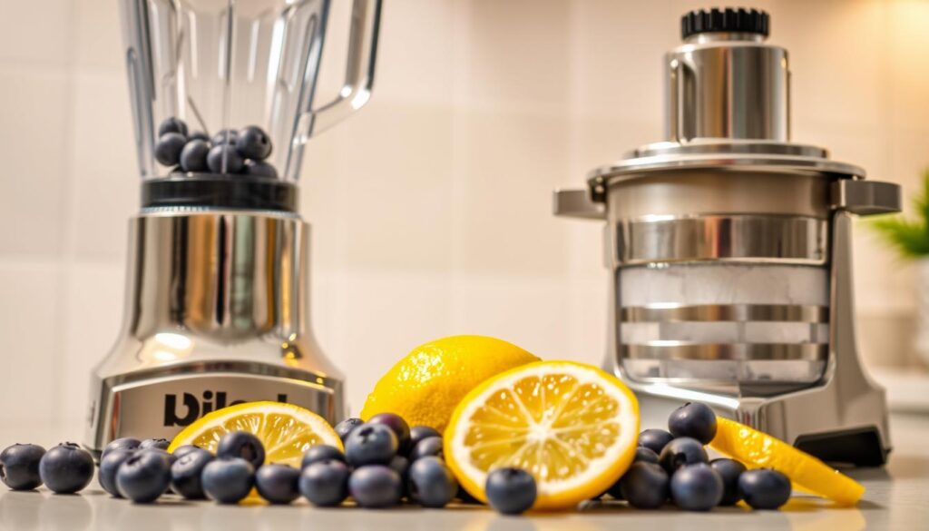 A gleaming chrome blender, its blades whirring, sits atop a clean, pristine kitchen counter. Beside it, a sturdy ice crusher, its gears ready to transform ice cubes into a frosty slush. In the foreground, a vibrant assortment of fresh blueberries and lemon wedges, their colors a tantalizing preview of the flavors to come. Overhead, a warm, diffused light creates a soft, inviting atmosphere, highlighting the textures and details of the equipment. The scene exudes a sense of preparation and anticipation, setting the stage for the creation of a refreshing and delightful blueberry lemon drop slushie. A gleaming chrome blender, its blades whirring, sits atop a clean, pristine kitchen counter. Beside it, a sturdy ice crusher, its gears ready to transform ice cubes into a frosty slush. In the foreground, a vibrant assortment of fresh blueberries and lemon wedges, their colors a tantalizing preview of the flavors to come. Overhead, a warm, diffused light creates a soft, inviting atmosphere, highlighting the textures and details of the equipment. The scene exudes a sense of preparation and anticipation, setting the stage for the creation of a refreshing and delightful blueberry lemon drop slushie.