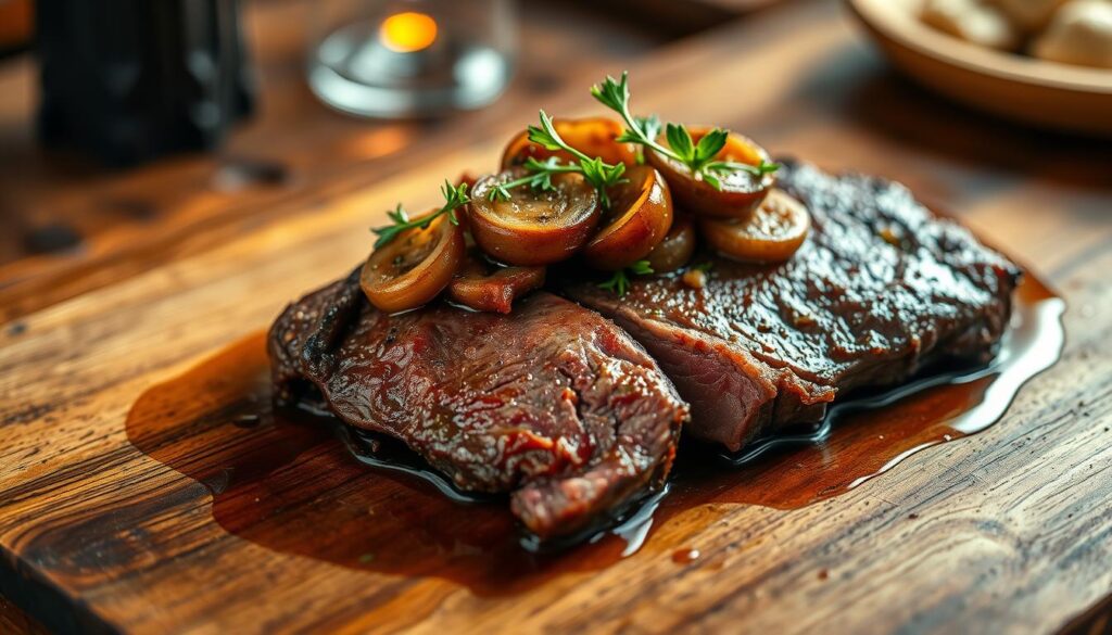 A gourmet beef liver dish presented on a rustic wooden table, with a mouthwatering sear on the outside and a tender, pink center. The liver is garnished with caramelized onions, sautéed mushrooms, and fresh herbs, creating a visually stunning and flavorful composition. Warm lighting casts a cozy glow, highlighting the rich textures and colors of the meal. The image conveys an atmosphere of culinary elegance and sophistication, befitting a special occasion. A gourmet beef liver dish presented on a rustic wooden table, with a mouthwatering sear on the outside and a tender, pink center. The liver is garnished with caramelized onions, sautéed mushrooms, and fresh herbs, creating a visually stunning and flavorful composition. Warm lighting casts a cozy glow, highlighting the rich textures and colors of the meal. The image conveys an atmosphere of culinary elegance and sophistication, befitting a special occasion.