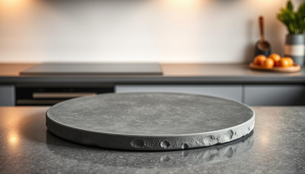 A high-resolution, photorealistic image of a professional-grade pizza stone made of heavy-duty cordierite ceramic, showcased on a modern kitchen countertop. The stone has a matte charcoal-grey surface with subtle texture, capturing the rugged, durable quality essential for baking crisp, evenly-cooked pizza crust. Soft, warm lighting illuminates the scene, casting gentle shadows that accentuate the stone's tactile surface. The background is minimalist, with a clean white wall complementing the stone's understated aesthetic, creating a sense of simplicity and functionality befitting a essential kitchen tool. A high-resolution, photorealistic image of a professional-grade pizza stone made of heavy-duty cordierite ceramic, showcased on a modern kitchen countertop. The stone has a matte charcoal-grey surface with subtle texture, capturing the rugged, durable quality essential for baking crisp, evenly-cooked pizza crust. Soft, warm lighting illuminates the scene, casting gentle shadows that accentuate the stone's tactile surface. The background is minimalist, with a clean white wall complementing the stone's understated aesthetic, creating a sense of simplicity and functionality befitting a essential kitchen tool.