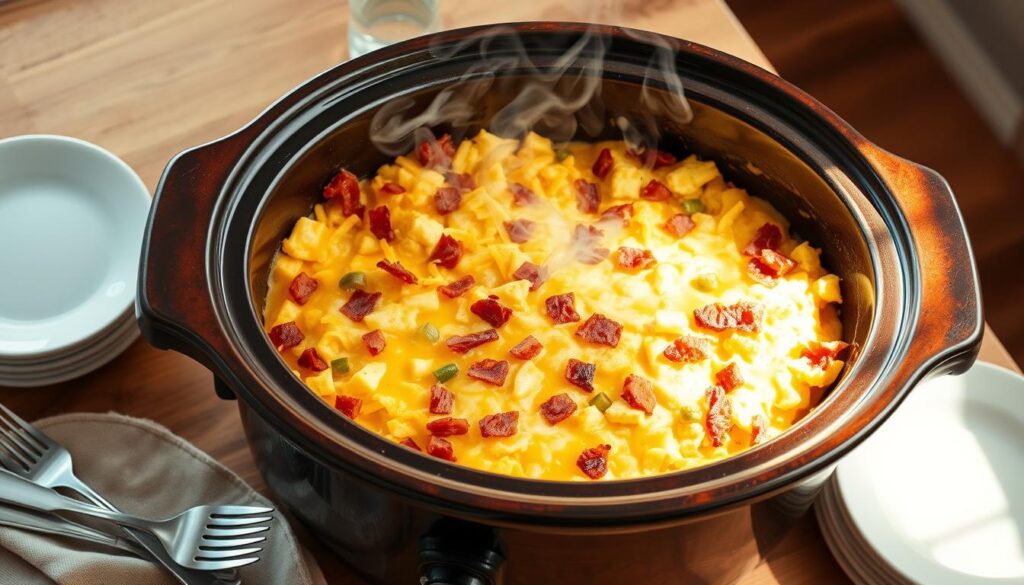 A large, rustic crockpot filled with a savory breakfast casserole, steam gently rising from the top. The casserole is filled with fluffy scrambled eggs, crispy pieces of bacon, shredded cheddar cheese, and diced bell peppers and onions. Warm, golden-brown edges surround the center, which is slightly bubbly and glistening. The crockpot sits atop a wooden table, accompanied by a small stack of plates and forks, ready to serve. Soft, natural lighting illuminates the scene, casting a cozy, homey atmosphere. The overall composition emphasizes the comforting, hearty nature of this slow-cooked breakfast dish. A large, rustic crockpot filled with a savory breakfast casserole, steam gently rising from the top. The casserole is filled with fluffy scrambled eggs, crispy pieces of bacon, shredded cheddar cheese, and diced bell peppers and onions. Warm, golden-brown edges surround the center, which is slightly bubbly and glistening. The crockpot sits atop a wooden table, accompanied by a small stack of plates and forks, ready to serve. Soft, natural lighting illuminates the scene, casting a cozy, homey atmosphere. The overall composition emphasizes the comforting, hearty nature of this slow-cooked breakfast dish.