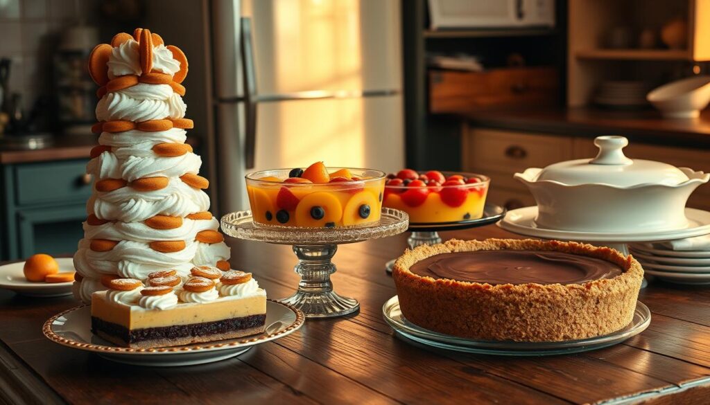 A lavish assortment of vintage desserts, including a towering icebox cake with layers of whipped cream and wafers, a classic jello mold with suspended fruit, and a decadent chocolate pudding pie with a thick graham cracker crust. The scene is illuminated by soft, golden lighting, casting a warm, nostalgic glow. The desserts are arranged on a worn, wooden table, surrounded by antique serving dishes and a vintage refrigerator in the background, evoking the retro charm of an old-fashioned kitchen. The overall atmosphere is one of timeless elegance and comforting indulgence. A lavish assortment of vintage desserts, including a towering icebox cake with layers of whipped cream and wafers, a classic jello mold with suspended fruit, and a decadent chocolate pudding pie with a thick graham cracker crust. The scene is illuminated by soft, golden lighting, casting a warm, nostalgic glow. The desserts are arranged on a worn, wooden table, surrounded by antique serving dishes and a vintage refrigerator in the background, evoking the retro charm of an old-fashioned kitchen. The overall atmosphere is one of timeless elegance and comforting indulgence.