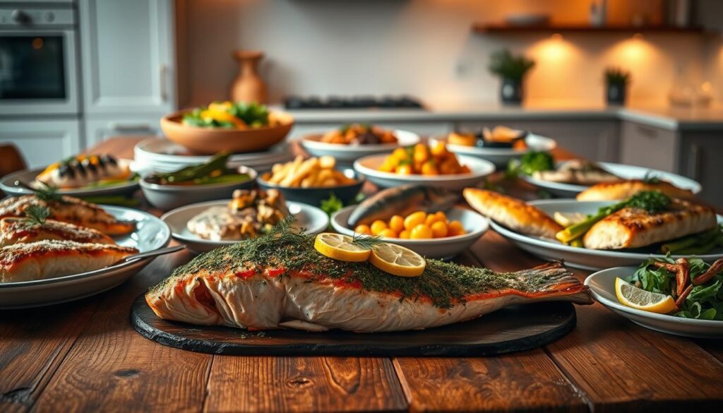 A lavish spread of gourmet baked fish dishes arranged on a rustic wooden table, illuminated by soft, warm lighting that casts a cozy, intimate ambiance. In the foreground, a whole baked salmon fillet topped with a vibrant herb crust, garnished with lemon wedges and fresh dill. Surrounding it, an array of elegantly plated entrees like pan-seared halibut with a citrus beurre blanc sauce, roasted sea bass with a crispy skin, and delicate sole fillets baked en papillote. In the middle ground, artfully presented side dishes like roasted asparagus, crispy potatoes, and a fresh green salad. The background features a softly blurred backdrop of a minimalist kitchen or dining space, hinting at the special occasion setting. The overall mood is one of refined sophistication, showcasing the gourmet potential of baked fish recipes. A lavish spread of gourmet baked fish dishes arranged on a rustic wooden table, illuminated by soft, warm lighting that casts a cozy, intimate ambiance. In the foreground, a whole baked salmon fillet topped with a vibrant herb crust, garnished with lemon wedges and fresh dill. Surrounding it, an array of elegantly plated entrees like pan-seared halibut with a citrus beurre blanc sauce, roasted sea bass with a crispy skin, and delicate sole fillets baked en papillote. In the middle ground, artfully presented side dishes like roasted asparagus, crispy potatoes, and a fresh green salad. The background features a softly blurred backdrop of a minimalist kitchen or dining space, hinting at the special occasion setting. The overall mood is one of refined sophistication, showcasing the gourmet potential of baked fish recipes.