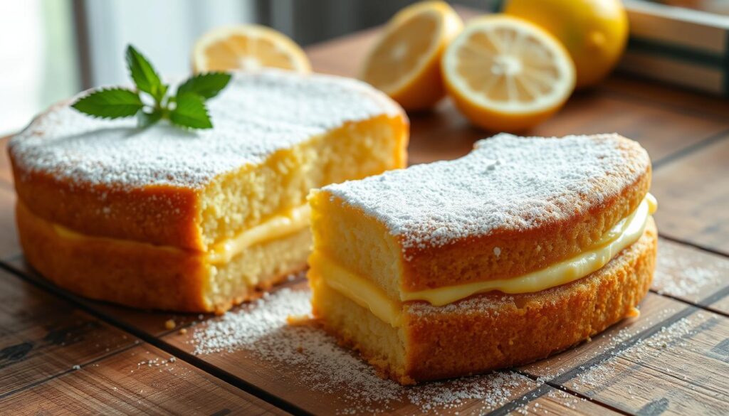 A luscious Italian lemon cream cake, its moist and fluffy layers dusted with powdered sugar, sits on a rustic wooden table, bathed in soft, natural lighting. The cake's golden crust contrasts beautifully with the vibrant yellow of the lemon cream filling, which glistens temptingly. In the background, a sprig of fresh mint and a few sliced lemons add a touch of elegance, while the overall scene exudes a cozy, homemade ambiance, perfect for a satisfying Italian dessert. A luscious Italian lemon cream cake, its moist and fluffy layers dusted with powdered sugar, sits on a rustic wooden table, bathed in soft, natural lighting. The cake's golden crust contrasts beautifully with the vibrant yellow of the lemon cream filling, which glistens temptingly. In the background, a sprig of fresh mint and a few sliced lemons add a touch of elegance, while the overall scene exudes a cozy, homemade ambiance, perfect for a satisfying Italian dessert.