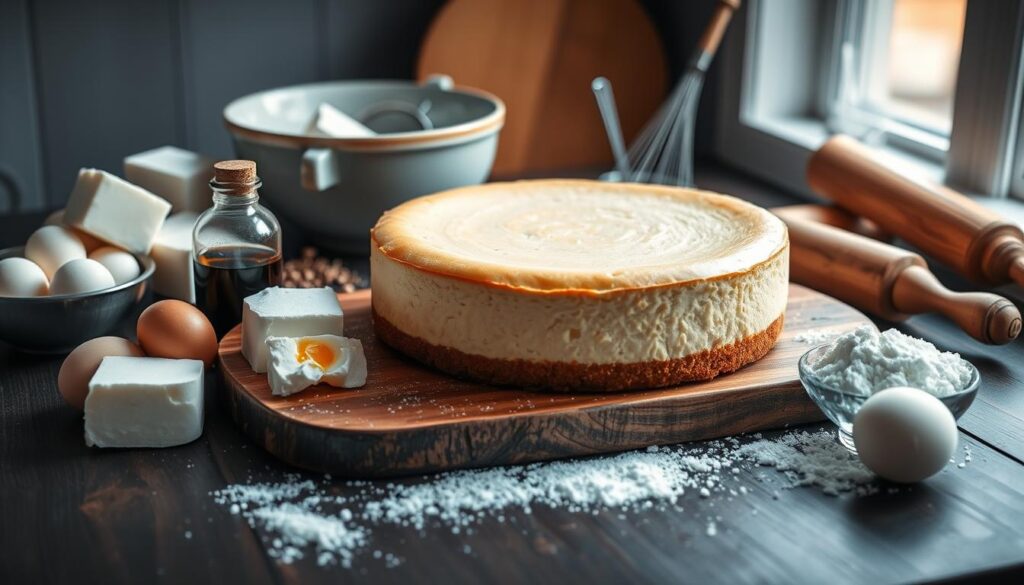 A meticulously arranged still life showcasing the essential ingredients for an authentic San Sebastian-style cheesecake. In the foreground, a soft, golden-crusted cheesecake sits atop a rustic wooden board, surrounded by high-quality ingredients - creamy blocks of full-fat cream cheese, a cluster of fresh eggs, a jar of pure vanilla extract, and a dusting of fine white sugar. The midground features a vintage mixing bowl, a whisk, and a rolling pin, hinting at the artisanal process required to achieve the signature smooth, dense texture. The background is softly blurred, setting a warm, inviting mood with a subtle play of natural light filtering through a window, casting a gentle glow on the scene. A meticulously arranged still life showcasing the essential ingredients for an authentic San Sebastian-style cheesecake. In the foreground, a soft, golden-crusted cheesecake sits atop a rustic wooden board, surrounded by high-quality ingredients - creamy blocks of full-fat cream cheese, a cluster of fresh eggs, a jar of pure vanilla extract, and a dusting of fine white sugar. The midground features a vintage mixing bowl, a whisk, and a rolling pin, hinting at the artisanal process required to achieve the signature smooth, dense texture. The background is softly blurred, setting a warm, inviting mood with a subtle play of natural light filtering through a window, casting a gentle glow on the scene.