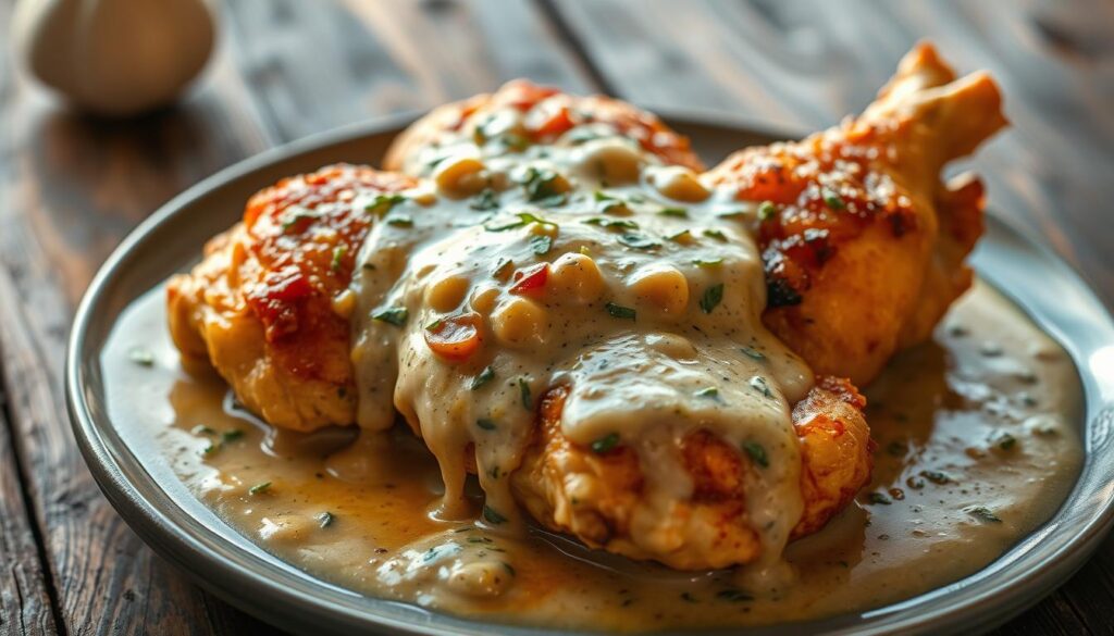 A mouth-watering dish of tender, juicy chicken, smothered in a rich, creamy sauce. The chicken is browned to perfection, its golden-brown skin glistening under soft, warm lighting. The sauce, made with a blend of savory herbs, garlic, and cream, cascades over the chicken, creating a comforting, homey atmosphere. In the background, a simple, rustic wooden table sets the stage, allowing the focus to remain on the star of the dish - the delectable smothered chicken. The composition is balanced, with the chicken positioned slightly off-center, allowing the viewer to appreciate the delicate textures and flavors of this classic, soul-warming recipe. A mouth-watering dish of tender, juicy chicken, smothered in a rich, creamy sauce. The chicken is browned to perfection, its golden-brown skin glistening under soft, warm lighting. The sauce, made with a blend of savory herbs, garlic, and cream, cascades over the chicken, creating a comforting, homey atmosphere. In the background, a simple, rustic wooden table sets the stage, allowing the focus to remain on the star of the dish - the delectable smothered chicken. The composition is balanced, with the chicken positioned slightly off-center, allowing the viewer to appreciate the delicate textures and flavors of this classic, soul-warming recipe.