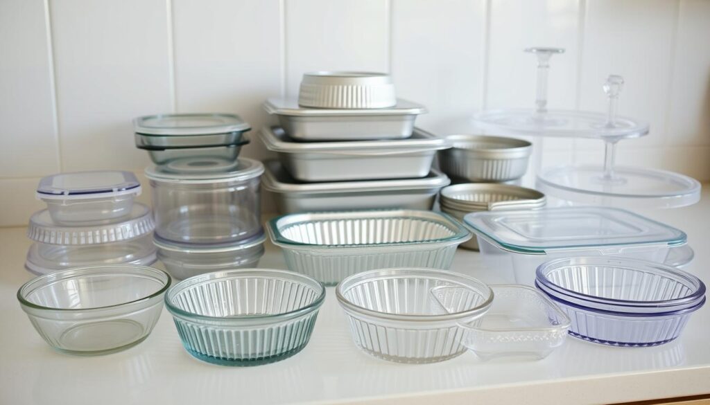 A neatly arranged display of various icebox cake containers on a clean, well-lit kitchen counter. In the foreground, several clear glass baking dishes of different sizes and shapes sit next to plastic storage containers with tight-fitting lids. In the middle ground, a few metal springform pans and loaf pans catch the soft, diffused lighting. In the background, a few disposable aluminum foil pans and a layered, transparent acrylic cake stand complete the selection of options for assembling and serving homemade icebox cakes. The overall scene conveys an organized, practical, and inviting atmosphere for preparing no-bake desserts. A neatly arranged display of various icebox cake containers on a clean, well-lit kitchen counter. In the foreground, several clear glass baking dishes of different sizes and shapes sit next to plastic storage containers with tight-fitting lids. In the middle ground, a few metal springform pans and loaf pans catch the soft, diffused lighting. In the background, a few disposable aluminum foil pans and a layered, transparent acrylic cake stand complete the selection of options for assembling and serving homemade icebox cakes. The overall scene conveys an organized, practical, and inviting atmosphere for preparing no-bake desserts.