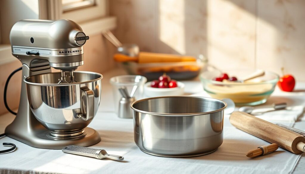 A neatly arranged kitchen counter showcases the essential tools for baking the perfect cherry cheesecake. In the foreground, a stainless steel mixing bowl and hand mixer stand ready, surrounded by a springform pan, a zester, and a pastry cutter. In the middle ground, a rolling pin and a set of measuring cups and spoons sit atop a crisp, white linen. Behind them, a glass baking dish and a cherry pitter peek out, hinting at the delicious dessert to come. Warm, natural lighting filters in, casting a soft, inviting glow over the scene, creating a mood of effortless culinary mastery.