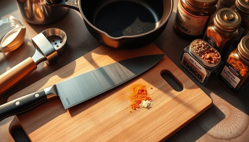 A neatly arranged mise en place of all the essential kitchen equipment for a quick chicken taco recipe: a gleaming chef's knife, a cutting board, a cast-iron skillet, a garlic press, a citrus juicer, and a stack of colorful spices. The scene is bathed in warm, golden lighting, casting dramatic shadows and highlights that emphasize the textures and shapes of the utensils. The overall mood is one of culinary anticipation and efficiency, setting the stage for the delicious chicken tacos to come. A neatly arranged mise en place of all the essential kitchen equipment for a quick chicken taco recipe: a gleaming chef's knife, a cutting board, a cast-iron skillet, a garlic press, a citrus juicer, and a stack of colorful spices. The scene is bathed in warm, golden lighting, casting dramatic shadows and highlights that emphasize the textures and shapes of the utensils. The overall mood is one of culinary anticipation and efficiency, setting the stage for the delicious chicken tacos to come.