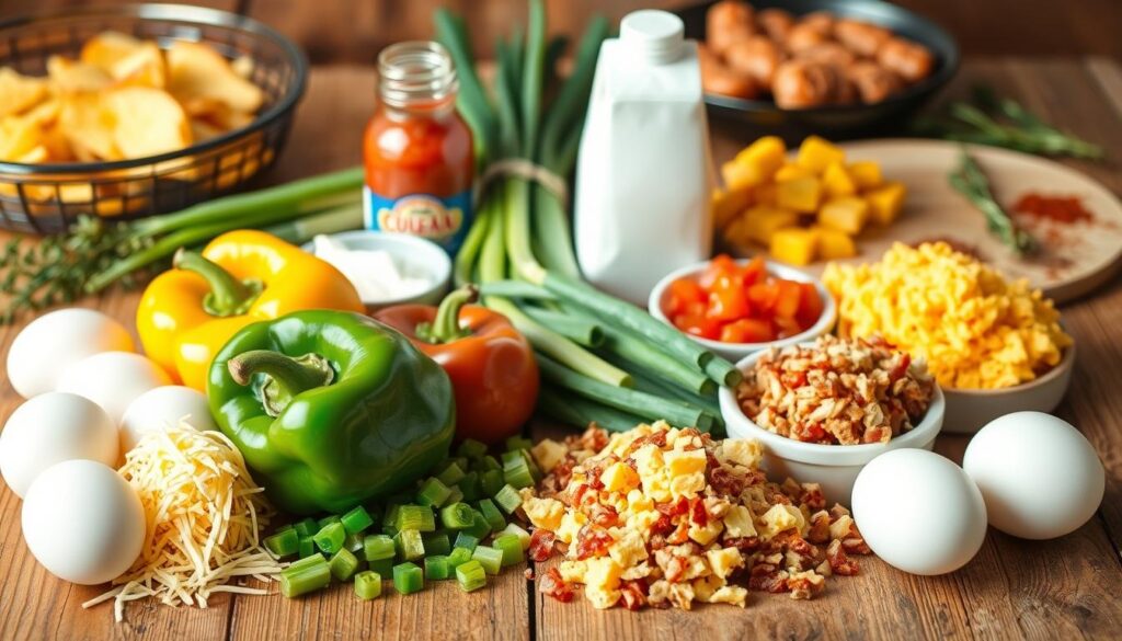 A neatly arranged still life of breakfast casserole ingredients on a rustic wooden table. In the foreground, a variety of fresh eggs, grated cheese, diced bell peppers, and crumbled cooked sausage or bacon. In the middle ground, a carton of heavy cream, a jar of salsa, and a bundle of green onions. In the background, a platter of cubed bread or hashbrowns, a sprig of fresh thyme, and a sprinkle of spices. Warm, natural lighting casts a cozy glow, hinting at the comforting flavors to come. The composition is balanced and inviting, capturing the essential components for crafting a delicious crockpot breakfast casserole. A neatly arranged still life of breakfast casserole ingredients on a rustic wooden table. In the foreground, a variety of fresh eggs, grated cheese, diced bell peppers, and crumbled cooked sausage or bacon. In the middle ground, a carton of heavy cream, a jar of salsa, and a bundle of green onions. In the background, a platter of cubed bread or hashbrowns, a sprig of fresh thyme, and a sprinkle of spices. Warm, natural lighting casts a cozy glow, hinting at the comforting flavors to come. The composition is balanced and inviting, capturing the essential components for crafting a delicious crockpot breakfast casserole.
