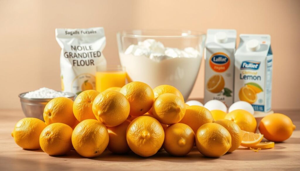 A neatly arranged still life of the essential ingredients for an authentic Italian lemon cream cake. In the foreground, rests a pile of bright yellow lemons, their skins glistening. Surrounding them, an assortment of baking essentials - granulated sugar, all-purpose flour, eggs, and a carton of heavy cream. Behind, a glass bowl filled with freshly squeezed lemon juice and zest. The background is a soft, neutral tone, allowing the vibrant colors of the ingredients to take center stage. Warm, directional lighting casts gentle shadows, creating depth and dimension. The composition is balanced and aesthetically pleasing, capturing the essence of this classic Italian dessert. A neatly arranged still life of the essential ingredients for an authentic Italian lemon cream cake. In the foreground, rests a pile of bright yellow lemons, their skins glistening. Surrounding them, an assortment of baking essentials - granulated sugar, all-purpose flour, eggs, and a carton of heavy cream. Behind, a glass bowl filled with freshly squeezed lemon juice and zest. The background is a soft, neutral tone, allowing the vibrant colors of the ingredients to take center stage. Warm, directional lighting casts gentle shadows, creating depth and dimension. The composition is balanced and aesthetically pleasing, capturing the essence of this classic Italian dessert.