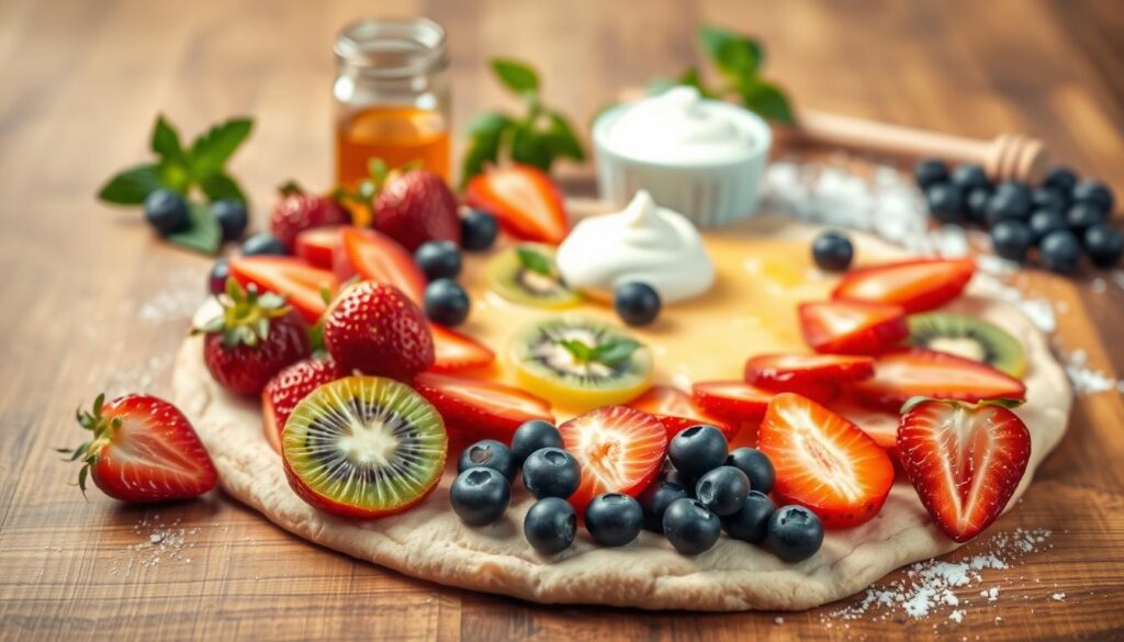 A neatly arranged still life on a wooden table, showcasing the essential ingredients for a homemade fruit pizza. In the foreground, an assortment of fresh, ripe fruits - juicy strawberries, vibrant kiwi slices, and plump blueberries. In the middle ground, a homemade pizza crust, its golden-brown surface inviting. Beside it, a small bowl of creamy, whipped topping and a jar of honey, the natural sweetener. In the background, a few sprigs of mint and a dusting of powdered sugar, adding a touch of freshness and elegance. The lighting is soft and natural, casting a warm glow over the scene, and the camera angle is slightly elevated, capturing the ingredients in an appealing, appetizing composition.