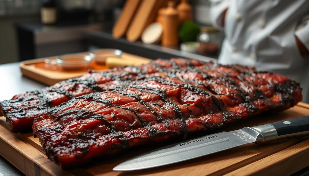 A professional chef's kitchen, softly lit from above, showcases a selection of beef back ribs laid out on a wooden cutting board. The ribs are glistening with a rich, caramelized glaze, hinting at the slow-roasted, smoky flavor. In the foreground, a sharp cleaver rests beside the ribs, suggesting the care and precision needed to prepare this succulent cut of meat. In the background, a blend of spices and herbs, neatly arranged, evokes the complex layers of seasoning that will infuse the ribs with depth of flavor. The overall scene conveys the expertise and artistry involved in the various cooking methods for achieving the perfect beef back ribs.