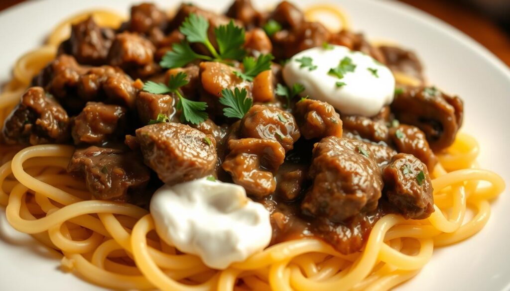 A richly-textured beef stroganoff with sour cream, garnished with fresh parsley, served on a bed of steaming egg noodles. The meat is tender and juicy, cooked in a flavorful sauce with onions, mushrooms, and a hint of paprika. The sour cream adds a creamy tanginess that complements the dish perfectly. The lighting is warm and inviting, casting a soft glow over the scene. The camera angle is slightly elevated, giving a generous view of the dish's layered components. The overall mood is comforting and appetizing, inviting the viewer to indulge in this classic, satisfying meal. A richly-textured beef stroganoff with sour cream, garnished with fresh parsley, served on a bed of steaming egg noodles. The meat is tender and juicy, cooked in a flavorful sauce with onions, mushrooms, and a hint of paprika. The sour cream adds a creamy tanginess that complements the dish perfectly. The lighting is warm and inviting, casting a soft glow over the scene. The camera angle is slightly elevated, giving a generous view of the dish's layered components. The overall mood is comforting and appetizing, inviting the viewer to indulge in this classic, satisfying meal.