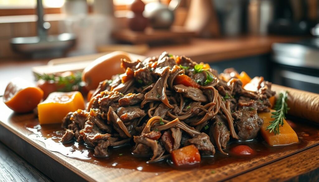 A rustic kitchen counter, bathed in warm, soft lighting, showcases a mouth-watering slow-cooked beef chuck steak dish. The tender, shredded meat glistens in a rich, savory gravy, accompanied by hearty root vegetables and fragrant herbs. The scene evokes the comforting aroma of a home-cooked meal, perfect for a busy weeknight dinner. The composition emphasizes the dish's rustic elegance, with a focus on the textures and colors that make this slow cooker recipe so inviting. The overall mood is one of coziness and satisfaction, capturing the essence of the "Slow Cooker Beef Chuck Steak Recipes for Busy Days" section. A rustic kitchen counter, bathed in warm, soft lighting, showcases a mouth-watering slow-cooked beef chuck steak dish. The tender, shredded meat glistens in a rich, savory gravy, accompanied by hearty root vegetables and fragrant herbs. The scene evokes the comforting aroma of a home-cooked meal, perfect for a busy weeknight dinner. The composition emphasizes the dish's rustic elegance, with a focus on the textures and colors that make this slow cooker recipe so inviting. The overall mood is one of coziness and satisfaction, capturing the essence of the "Slow Cooker Beef Chuck Steak Recipes for Busy Days" section.
