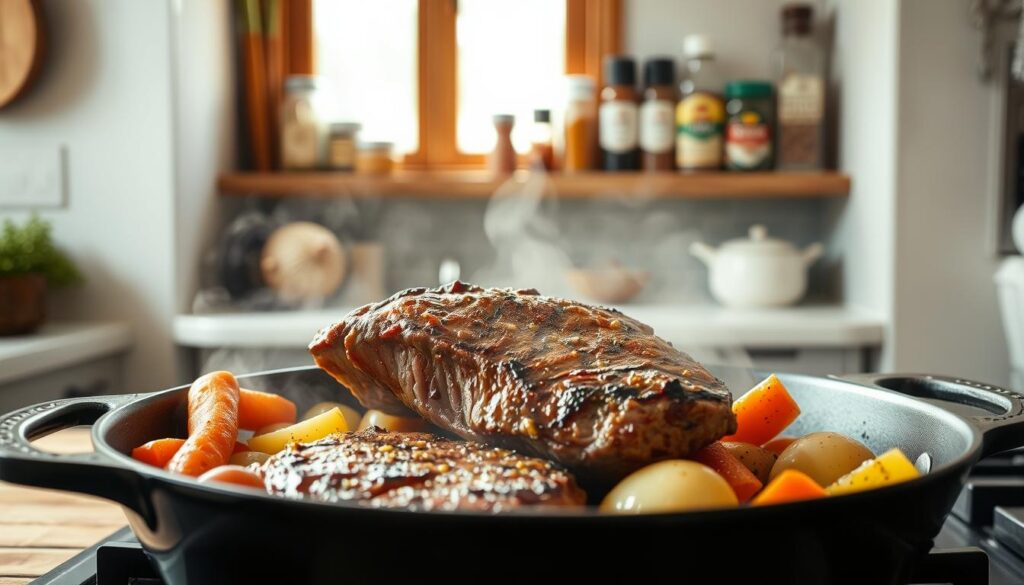 A rustic kitchen scene with a large cast-iron skillet in the foreground, sizzling with a juicy beef chuck steak, surrounded by fresh vegetables like carrots, potatoes, and onions. The steak is seared to a perfect golden-brown crust, releasing an enticing aroma. Soft natural lighting filters in through a window, casting a warm glow over the scene. In the background, simple kitchen shelves display a selection of spices and seasonings, hinting at the flavorful preparation. The overall atmosphere is cozy and inviting, reflecting the ease and deliciousness of a one-pan beef chuck steak dinner. A rustic kitchen scene with a large cast-iron skillet in the foreground, sizzling with a juicy beef chuck steak, surrounded by fresh vegetables like carrots, potatoes, and onions. The steak is seared to a perfect golden-brown crust, releasing an enticing aroma. Soft natural lighting filters in through a window, casting a warm glow over the scene. In the background, simple kitchen shelves display a selection of spices and seasonings, hinting at the flavorful preparation. The overall atmosphere is cozy and inviting, reflecting the ease and deliciousness of a one-pan beef chuck steak dinner.