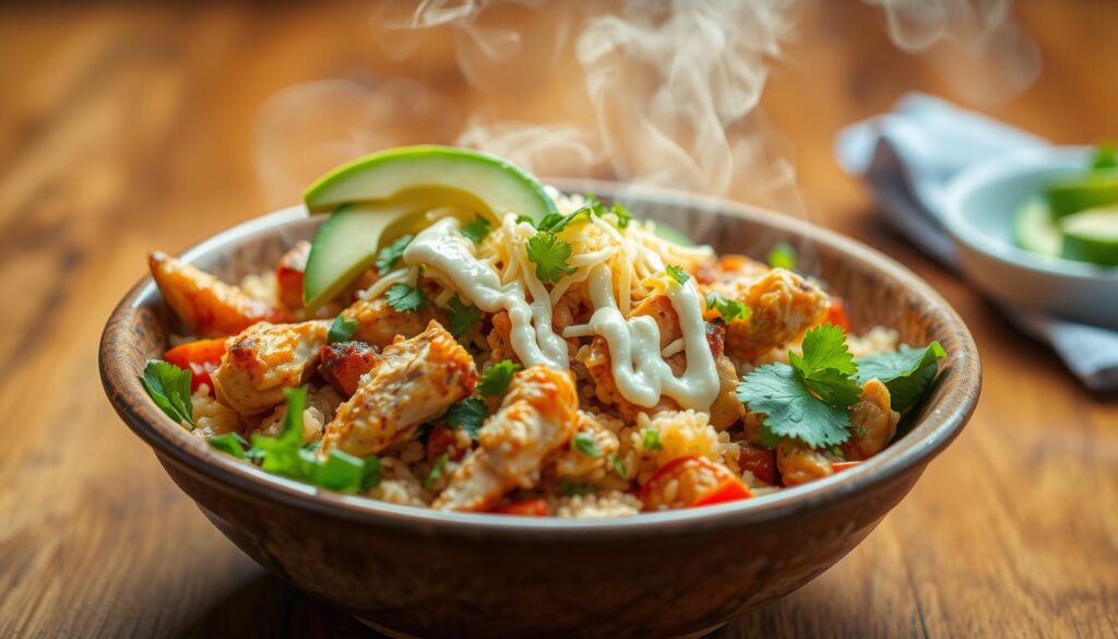 A savory chicken burrito bowl sits atop a wooden table, steam rising from the tender chicken, aromatic rice, and vibrant vegetables. The bowl is lit from above, casting a warm glow that accentuates the textures and colors. Avocado slices, shredded cheese, and a drizzle of creamy sauce adorn the dish, creating a visually appealing and mouthwatering scene. The background is slightly blurred, allowing the burrito bowl to be the focal point, capturing the essence of a delicious and satisfying homemade meal. A savory chicken burrito bowl sits atop a wooden table, steam rising from the tender chicken, aromatic rice, and vibrant vegetables. The bowl is lit from above, casting a warm glow that accentuates the textures and colors. Avocado slices, shredded cheese, and a drizzle of creamy sauce adorn the dish, creating a visually appealing and mouthwatering scene. The background is slightly blurred, allowing the burrito bowl to be the focal point, capturing the essence of a delicious and satisfying homemade meal.