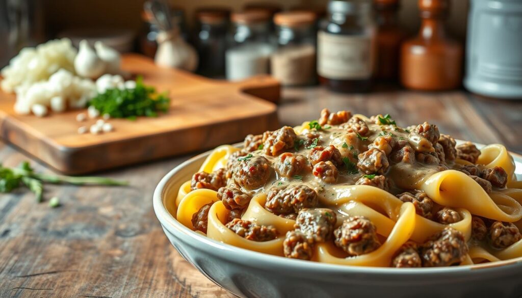 A savory ground beef stroganoff dish set against a warm, rustic background. In the foreground, a hearty serving of stroganoff with tender beef, creamy sauce, and perfectly cooked egg noodles, illuminated by soft, natural lighting. The middle ground features a wooden cutting board with diced onions, garlic, and fresh herbs, hinting at the preparation process. In the background, a vintage-style kitchen counter with jars of spices and cooking utensils, evoking a homey, comforting atmosphere. The overall scene should convey the satisfying and wholesome nature of this classic beef stroganoff recipe made with ground beef. A savory ground beef stroganoff dish set against a warm, rustic background. In the foreground, a hearty serving of stroganoff with tender beef, creamy sauce, and perfectly cooked egg noodles, illuminated by soft, natural lighting. The middle ground features a wooden cutting board with diced onions, garlic, and fresh herbs, hinting at the preparation process. In the background, a vintage-style kitchen counter with jars of spices and cooking utensils, evoking a homey, comforting atmosphere. The overall scene should convey the satisfying and wholesome nature of this classic beef stroganoff recipe made with ground beef.
