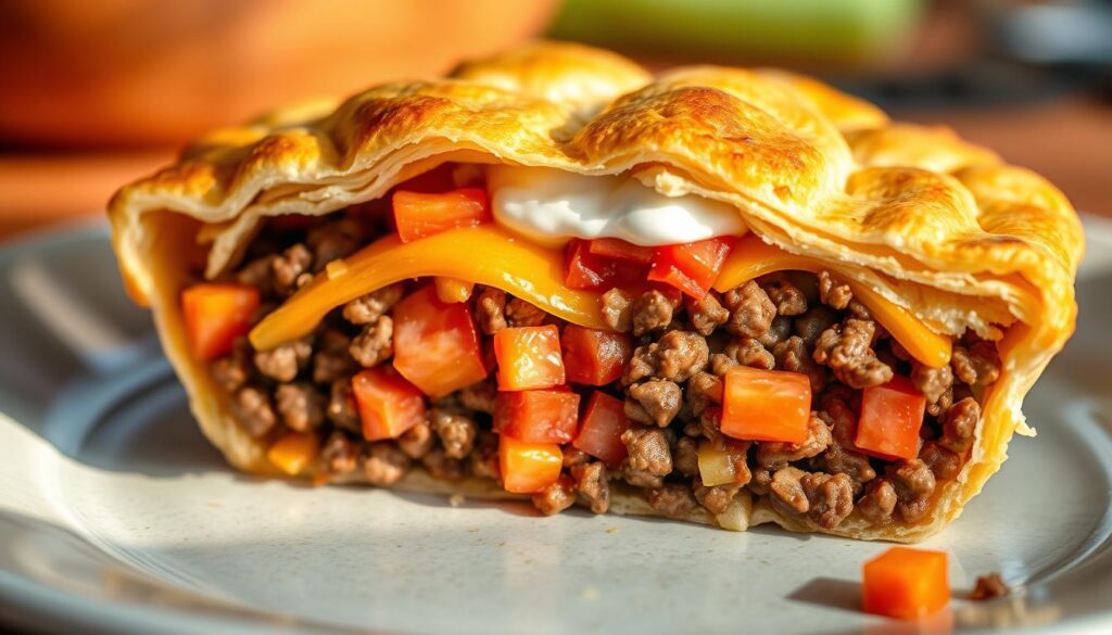 A savory taco-inspired pie with a crisp golden-brown crust, filled with seasoned ground beef, melted cheddar cheese, fresh diced tomatoes, and a dollop of cool sour cream. The filling is neatly layered to create a visually appealing cross-section, showcasing the textures and flavors. Soft natural lighting from the side casts warm shadows, highlighting the appetizing details. The composition is shot from a low angle, emphasizing the hearty, homemade quality of the dish. This time-saving taco pie is a delicious and convenient meal option, perfect for busy weeknights. A savory taco-inspired pie with a crisp golden-brown crust, filled with seasoned ground beef, melted cheddar cheese, fresh diced tomatoes, and a dollop of cool sour cream. The filling is neatly layered to create a visually appealing cross-section, showcasing the textures and flavors. Soft natural lighting from the side casts warm shadows, highlighting the appetizing details. The composition is shot from a low angle, emphasizing the hearty, homemade quality of the dish. This time-saving taco pie is a delicious and convenient meal option, perfect for busy weeknights.