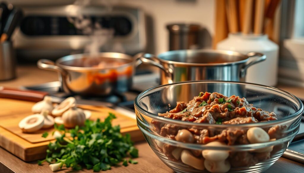 A stainless steel pot simmers on a gas stove, steam rising from the rich, savory sauce. Beside it, a wooden cutting board holds a sharp chef's knife, ready to slice tender beef. In the foreground, a classic glass mixing bowl sits filled with fresh ingredients - mushrooms, onions, garlic. The warm, inviting kitchen is illuminated by soft, diffused lighting, creating a cozy, inviting atmosphere perfect for preparing a delectable beef stroganoff. A stainless steel pot simmers on a gas stove, steam rising from the rich, savory sauce. Beside it, a wooden cutting board holds a sharp chef's knife, ready to slice tender beef. In the foreground, a classic glass mixing bowl sits filled with fresh ingredients - mushrooms, onions, garlic. The warm, inviting kitchen is illuminated by soft, diffused lighting, creating a cozy, inviting atmosphere perfect for preparing a delectable beef stroganoff.