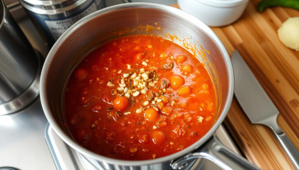 A stainless steel saucepan filled with a rich, vibrant tomato sauce, simmering gently over a low flame. Fragrant garlic, onions, and a medley of Mexican spices dance in the mixture, creating a mouthwatering aroma that fills the kitchen. The sauce's deep red hue and velvety texture hint at its robust, flavor-packed nature. Stainless steel utensils and a wooden cutting board sit nearby, ready to assist in the preparation of this essential component for the perfect Mexican pizza. A stainless steel saucepan filled with a rich, vibrant tomato sauce, simmering gently over a low flame. Fragrant garlic, onions, and a medley of Mexican spices dance in the mixture, creating a mouthwatering aroma that fills the kitchen. The sauce's deep red hue and velvety texture hint at its robust, flavor-packed nature. Stainless steel utensils and a wooden cutting board sit nearby, ready to assist in the preparation of this essential component for the perfect Mexican pizza.