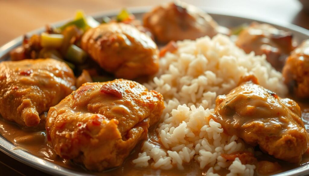 A steaming platter of Southern-style smothered chicken, the tender meat cocooned in a rich, creamy gravy. In the foreground, golden-fried chicken thighs glisten, their crisp skin blistered to perfection. Surrounding the chicken, a medley of sautéed onions, bell peppers, and celery release their savory aromas. In the middle ground, a bed of fluffy white rice absorbs the decadent sauce, each grain glistening. Overhead, soft, diffused lighting casts a warm, inviting glow, highlighting the dish's comforting appeal. The atmosphere evokes the welcoming spirit of a family-style Southern meal, perfect for sinking your teeth into this regional variation of a classic smothered chicken dish. A steaming platter of Southern-style smothered chicken, the tender meat cocooned in a rich, creamy gravy. In the foreground, golden-fried chicken thighs glisten, their crisp skin blistered to perfection. Surrounding the chicken, a medley of sautéed onions, bell peppers, and celery release their savory aromas. In the middle ground, a bed of fluffy white rice absorbs the decadent sauce, each grain glistening. Overhead, soft, diffused lighting casts a warm, inviting glow, highlighting the dish's comforting appeal. The atmosphere evokes the welcoming spirit of a family-style Southern meal, perfect for sinking your teeth into this regional variation of a classic smothered chicken dish.