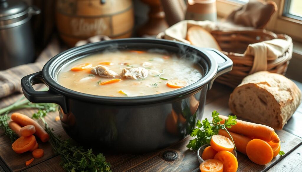 A steaming pot of homemade slow cooker chicken soup sits on a rustic wooden table, surrounded by fresh herbs, sliced carrots, and a crusty loaf of bread. The soup simmers gently, its aroma filling the cozy kitchen with notes of thyme, garlic, and tender chicken. Soft afternoon light filters through the window, casting a warm glow on the scene. The soup's surface is dotted with flecks of parsley, and a few bubbles break the surface, hinting at the comforting flavors within. This is a nourishing, hearty meal that invites you to slow down and savor each spoonful. A steaming pot of homemade slow cooker chicken soup sits on a rustic wooden table, surrounded by fresh herbs, sliced carrots, and a crusty loaf of bread. The soup simmers gently, its aroma filling the cozy kitchen with notes of thyme, garlic, and tender chicken. Soft afternoon light filters through the window, casting a warm glow on the scene. The soup's surface is dotted with flecks of parsley, and a few bubbles break the surface, hinting at the comforting flavors within. This is a nourishing, hearty meal that invites you to slow down and savor each spoonful.