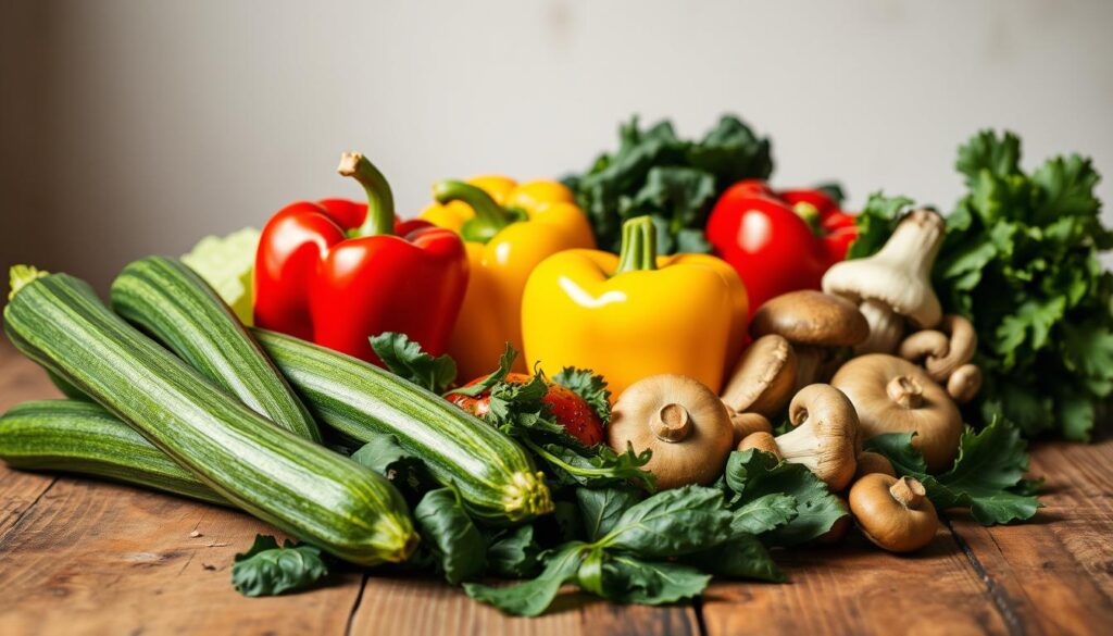 A still life arrangement of fresh, vibrant keto-friendly vegetables on a rustic wooden table. In the foreground, crisp green zucchini, bright red bell peppers, and earthy mushrooms are neatly arranged. In the middle ground, dark leafy greens like spinach and kale cascade across the table's surface, casting soft shadows. The background features a neutral, minimalist backdrop, allowing the vegetables to take center stage. The lighting is soft and natural, gently illuminating the scene and highlighting the rich textures and colors of the produce. The overall mood is one of health, simplicity, and culinary inspiration.