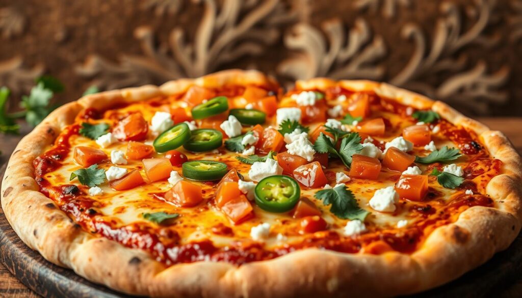 A succulent Mexican pizza with a perfectly crisp, golden-brown crust, topped with a vibrant blend of authentic spices, melted cheese, and an array of fresh, colorful toppings. The pizza is set against a rustic, adobe-style background, with warm, soft lighting casting a cozy, inviting glow. Diced tomatoes, sliced jalapeños, crumbled queso fresco, and fragrant cilantro leaves adorn the surface, creating a visually stunning and mouthwatering scene that transports the viewer to the heart of Mexican cuisine. A succulent Mexican pizza with a perfectly crisp, golden-brown crust, topped with a vibrant blend of authentic spices, melted cheese, and an array of fresh, colorful toppings. The pizza is set against a rustic, adobe-style background, with warm, soft lighting casting a cozy, inviting glow. Diced tomatoes, sliced jalapeños, crumbled queso fresco, and fragrant cilantro leaves adorn the surface, creating a visually stunning and mouthwatering scene that transports the viewer to the heart of Mexican cuisine.