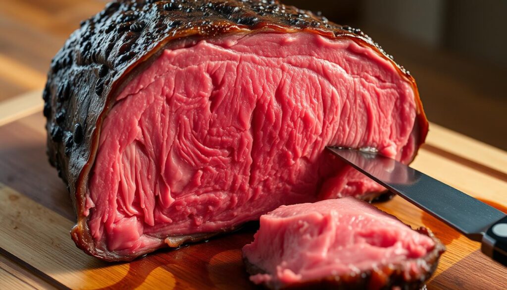 A succulent, medium-rare roast beef, its crimson center glistening under soft, directional lighting. The cut is thick and uniform, with a well-marbled exterior and a distinct grain pattern. The surface is seared to a rich, mahogany hue, creating a tantalizing contrast with the tender, pink interior. The roast is presented on a wooden cutting board, with a sharp carving knife positioned nearby, ready to slice through the meat with precision. The overall scene evokes a sense of culinary mastery and the promise of a flavorful, melt-in-your-mouth dining experience. A succulent, medium-rare roast beef, its crimson center glistening under soft, directional lighting. The cut is thick and uniform, with a well-marbled exterior and a distinct grain pattern. The surface is seared to a rich, mahogany hue, creating a tantalizing contrast with the tender, pink interior. The roast is presented on a wooden cutting board, with a sharp carving knife positioned nearby, ready to slice through the meat with precision. The overall scene evokes a sense of culinary mastery and the promise of a flavorful, melt-in-your-mouth dining experience.