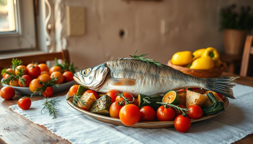 A vibrant Mediterranean seafood scene: a wooden table with a white tablecloth, a fresh whole baked fish in the center, surrounded by roasted vegetables such as cherry tomatoes, zucchini, and bell peppers. Sprigs of fragrant herbs like oregano and rosemary adorn the dish. Warm lighting from a nearby window casts a golden glow, while the background features a whitewashed wall with a simple piece of Mediterranean-inspired wall art. The atmosphere is rustic, inviting, and evocative of the sun-drenched coastal regions of the Mediterranean. A vibrant Mediterranean seafood scene: a wooden table with a white tablecloth, a fresh whole baked fish in the center, surrounded by roasted vegetables such as cherry tomatoes, zucchini, and bell peppers. Sprigs of fragrant herbs like oregano and rosemary adorn the dish. Warm lighting from a nearby window casts a golden glow, while the background features a whitewashed wall with a simple piece of Mediterranean-inspired wall art. The atmosphere is rustic, inviting, and evocative of the sun-drenched coastal regions of the Mediterranean.