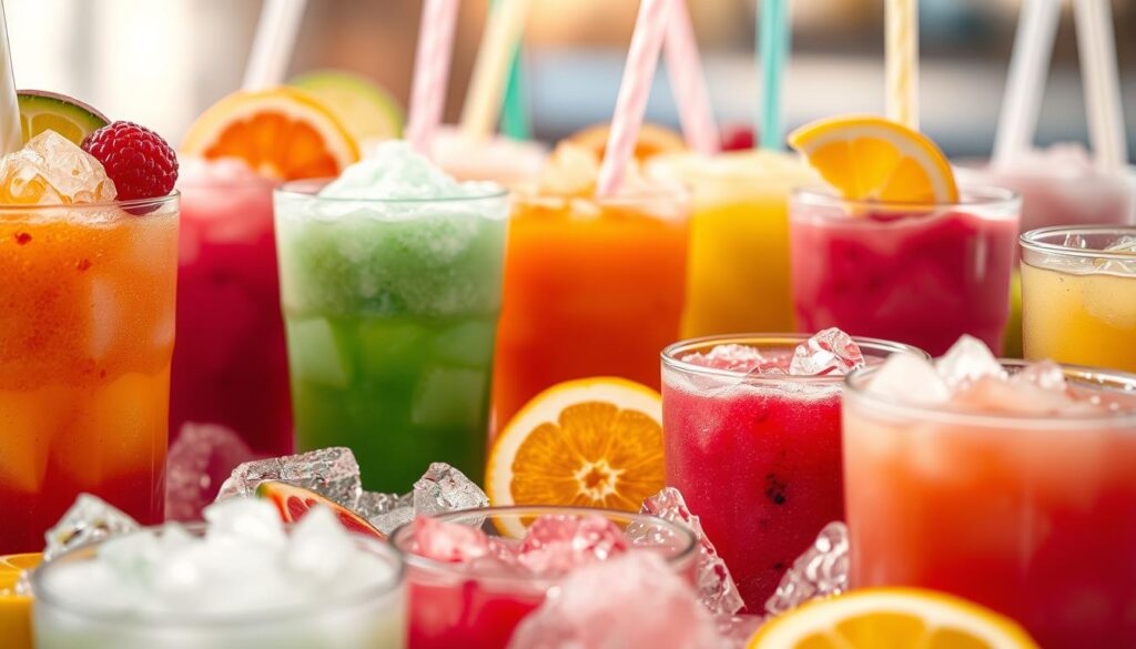A vibrant array of fruity slushies in various flavors and colors, captured in a detailed close-up view. The foreground showcases an assortment of layered slushies, their icy textures and bright hues creating a refreshing and visually striking display. The middle ground features sliced fruit garnishes, adding pops of natural sweetness and texture. The background is softly blurred, allowing the slushies to take center stage, illuminated by warm, diffused lighting that enhances their inviting appearance. The overall composition conveys a sense of refreshment, variety, and the delightful possibilities of customizing this delectable frozen treat. A vibrant array of fruity slushies in various flavors and colors, captured in a detailed close-up view. The foreground showcases an assortment of layered slushies, their icy textures and bright hues creating a refreshing and visually striking display. The middle ground features sliced fruit garnishes, adding pops of natural sweetness and texture. The background is softly blurred, allowing the slushies to take center stage, illuminated by warm, diffused lighting that enhances their inviting appearance. The overall composition conveys a sense of refreshment, variety, and the delightful possibilities of customizing this delectable frozen treat.