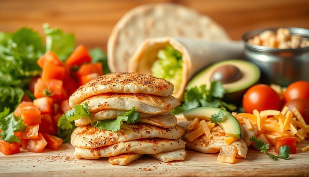 A vibrant still life capturing the essential ingredients for the perfect chicken burrito. In the foreground, a stack of warm, freshly grilled chicken breasts, seasoned with a blend of cumin, chili powder, and garlic. Surrounding them, an array of fresh ingredients - diced tomatoes, crisp romaine lettuce, sliced avocado, and a sprinkle of shredded cheddar cheese. In the middle ground, a set of whole-wheat tortillas, lightly toasted, ready to be filled and rolled. The background is softly blurred, allowing the viewer to focus on the delectable components. Warm, natural lighting casts a cozy glow over the scene, evoking the comforting flavors of a homemade chicken burrito. A vibrant still life capturing the essential ingredients for the perfect chicken burrito. In the foreground, a stack of warm, freshly grilled chicken breasts, seasoned with a blend of cumin, chili powder, and garlic. Surrounding them, an array of fresh ingredients - diced tomatoes, crisp romaine lettuce, sliced avocado, and a sprinkle of shredded cheddar cheese. In the middle ground, a set of whole-wheat tortillas, lightly toasted, ready to be filled and rolled. The background is softly blurred, allowing the viewer to focus on the delectable components. Warm, natural lighting casts a cozy glow over the scene, evoking the comforting flavors of a homemade chicken burrito.
