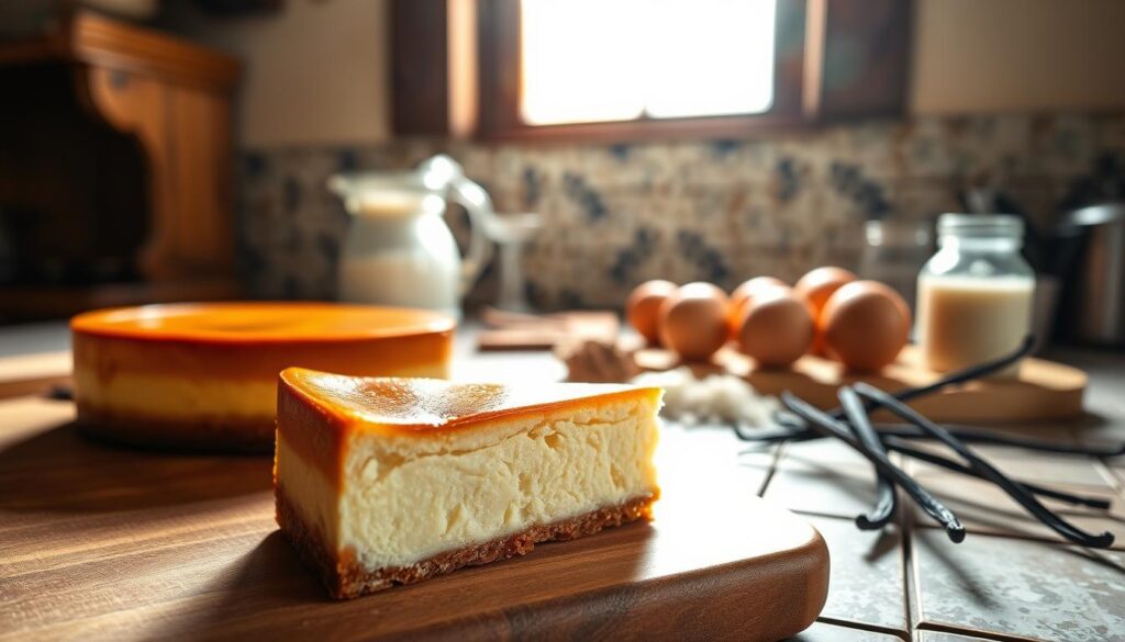 A visually captivating image of a traditional Basque Country dessert, set against the backdrop of a rustic, sun-drenched kitchen. In the foreground, a slice of the iconic San Sebastian cheesecake rests on a wooden cutting board, its perfectly burnished top glistening with a delicate caramelized crust. The smooth, creamy texture of the cake is accentuated by the soft, golden lighting filtering through a nearby window, casting a warm, inviting glow. In the middle ground, a selection of fresh, locally sourced ingredients - such as eggs, cream, and vanilla beans - are artfully arranged, hinting at the care and attention to detail that goes into crafting this beloved dessert. The background features the weathered, rustic tiles and exposed wooden beams of a traditional Basque kitchen, evoking a sense of history and tradition. The overall composition conveys a mood of rustic elegance, inviting the viewer to imagine the perfect balance of flavors and textures that await in every bite of this iconic Basque Country A visually captivating image of a traditional Basque Country dessert, set against the backdrop of a rustic, sun-drenched kitchen. In the foreground, a slice of the iconic San Sebastian cheesecake rests on a wooden cutting board, its perfectly burnished top glistening with a delicate caramelized crust. The smooth, creamy texture of the cake is accentuated by the soft, golden lighting filtering through a nearby window, casting a warm, inviting glow. In the middle ground, a selection of fresh, locally sourced ingredients - such as eggs, cream, and vanilla beans - are artfully arranged, hinting at the care and attention to detail that goes into crafting this beloved dessert. The background features the weathered, rustic tiles and exposed wooden beams of a traditional Basque kitchen, evoking a sense of history and tradition. The overall composition conveys a mood of rustic elegance, inviting the viewer to imagine the perfect balance of flavors and textures that await in every bite of this iconic Basque Country