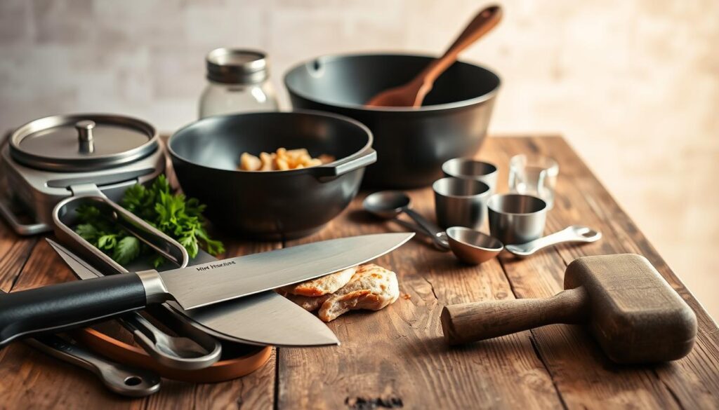 A well-lit, high-angle shot of a rustic wooden table showcasing an array of kitchen tools essential for preparing smothered chicken. In the foreground, a sharp chef's knife, sturdy tongs, and a heavy-duty meat mallet stand ready. In the middle ground, a seasoned cast-iron skillet, a large mixing bowl, and a set of measuring cups and spoons create a sense of culinary organization. The background features a neutral, slightly blurred backdrop, drawing the viewer's focus to the carefully curated collection of tools. The overall scene evokes a sense of effortless culinary expertise, ready to tackle the task of creating a delicious smothered chicken dish. A well-lit, high-angle shot of a rustic wooden table showcasing an array of kitchen tools essential for preparing smothered chicken. In the foreground, a sharp chef's knife, sturdy tongs, and a heavy-duty meat mallet stand ready. In the middle ground, a seasoned cast-iron skillet, a large mixing bowl, and a set of measuring cups and spoons create a sense of culinary organization. The background features a neutral, slightly blurred backdrop, drawing the viewer's focus to the carefully curated collection of tools. The overall scene evokes a sense of effortless culinary expertise, ready to tackle the task of creating a delicious smothered chicken dish.