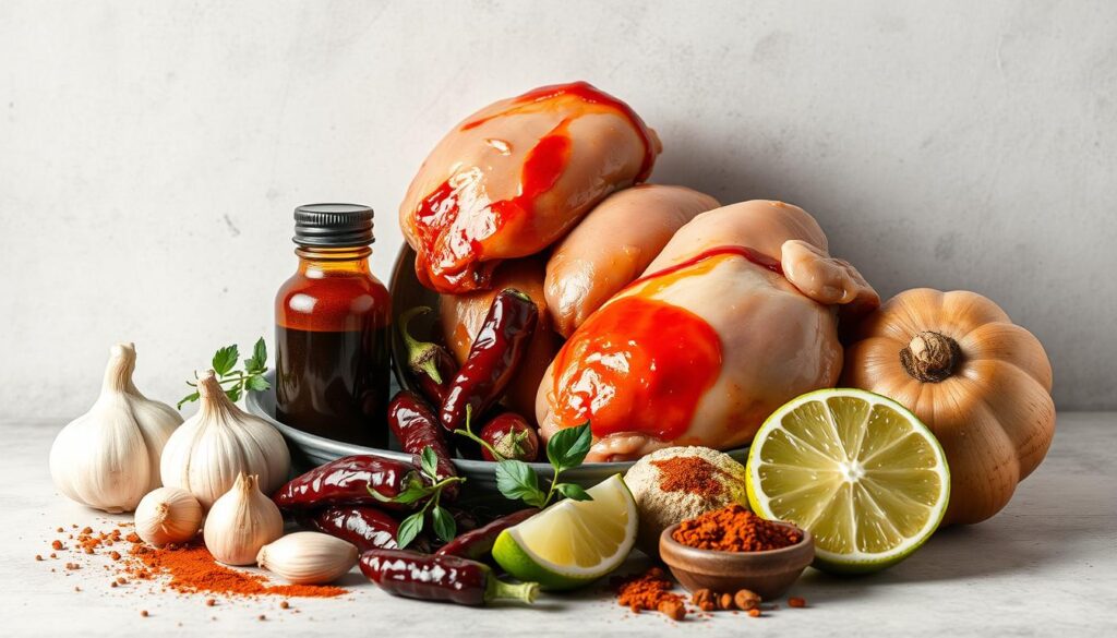 A well-lit, high-resolution still life showcasing the essential ingredients for authentic chipotle chicken: juicy chicken thighs, smoky chipotle peppers in adobo sauce, garlic cloves, onion, lime wedges, and fragrant spices like cumin and chili powder. The arrangement is artfully composed against a neutral background, highlighting the vibrant colors and textures of the ingredients. The lighting is soft and directional, casting subtle shadows and accentuating the depth and dimensionality of the scene. The overall mood is one of rustic sophistication, inviting the viewer to be inspired and ready to create a delicious homemade chipotle chicken dish. A well-lit, high-resolution still life showcasing the essential ingredients for authentic chipotle chicken: juicy chicken thighs, smoky chipotle peppers in adobo sauce, garlic cloves, onion, lime wedges, and fragrant spices like cumin and chili powder. The arrangement is artfully composed against a neutral background, highlighting the vibrant colors and textures of the ingredients. The lighting is soft and directional, casting subtle shadows and accentuating the depth and dimensionality of the scene. The overall mood is one of rustic sophistication, inviting the viewer to be inspired and ready to create a delicious homemade chipotle chicken dish.